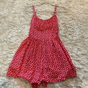 red floral ruched spaghetti strap romper